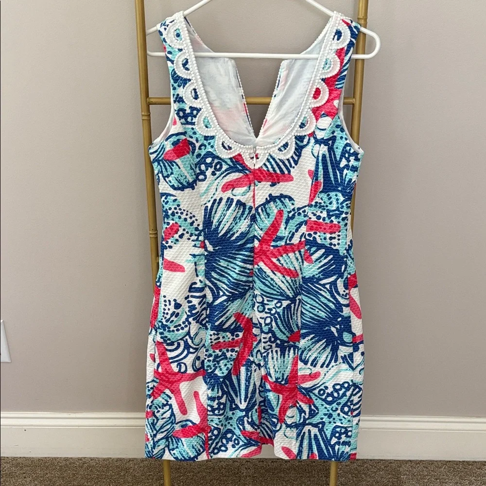 Excellent condition! Rare, Lilly Pulitzer Coral, Navy & Aqua Print Shift Dress - Picture 3 of 8